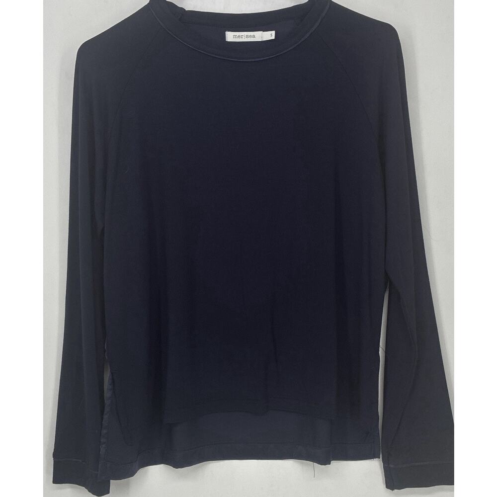 Mersea Navy Blue Mixed Media S Woven Silky LS Luxury Minimalist Quiet Luxury Top - Picture 3 of 8